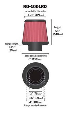 K&N універсальний воздушний фільтр 3 в 1 - 3" / 3,5" / 4" - 76мм / 89мм / 100мм червоний